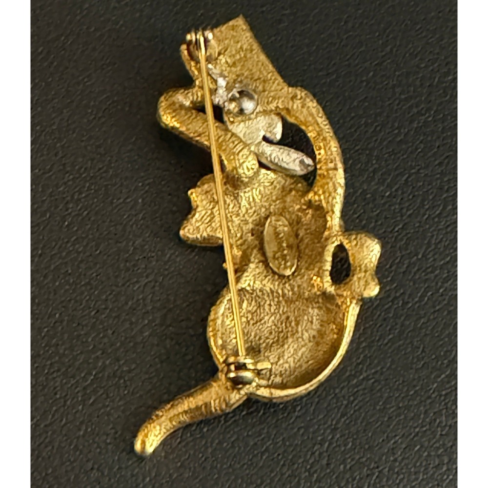 Vintage DANECRAFT Cat Brooch Green Rhinestone Eye Pin Gold Tone Sardine - Picture 6 of 8